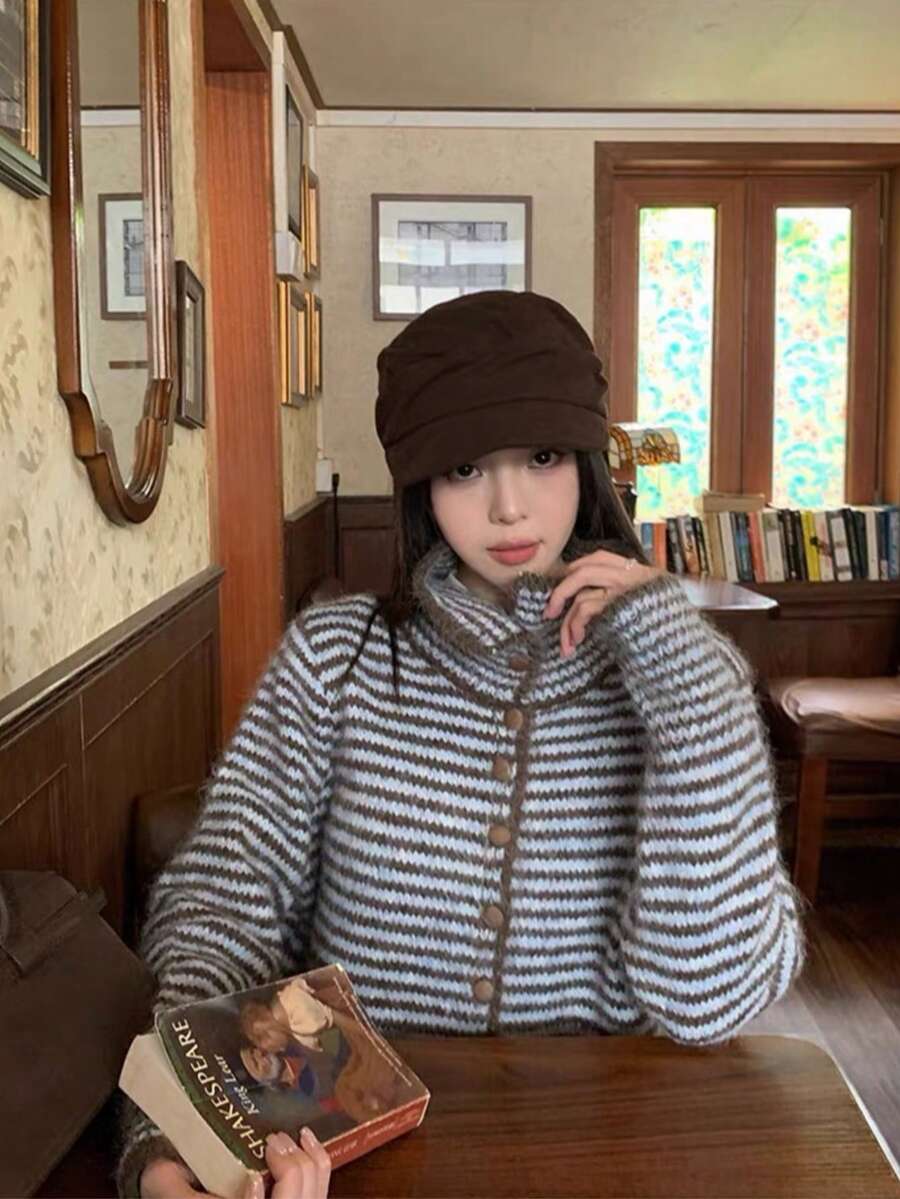 女款復古條紋針織開襟毛衣外套,冬季寬鬆休閒百搭翻領針織上衣 - 藍咖啡色 - 查看 1