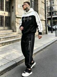 Men's Spring/Autumn Loose Minimalist Casual Fashion Outdoor Sports Hoodie & Sweatpants Set - Black - View 1