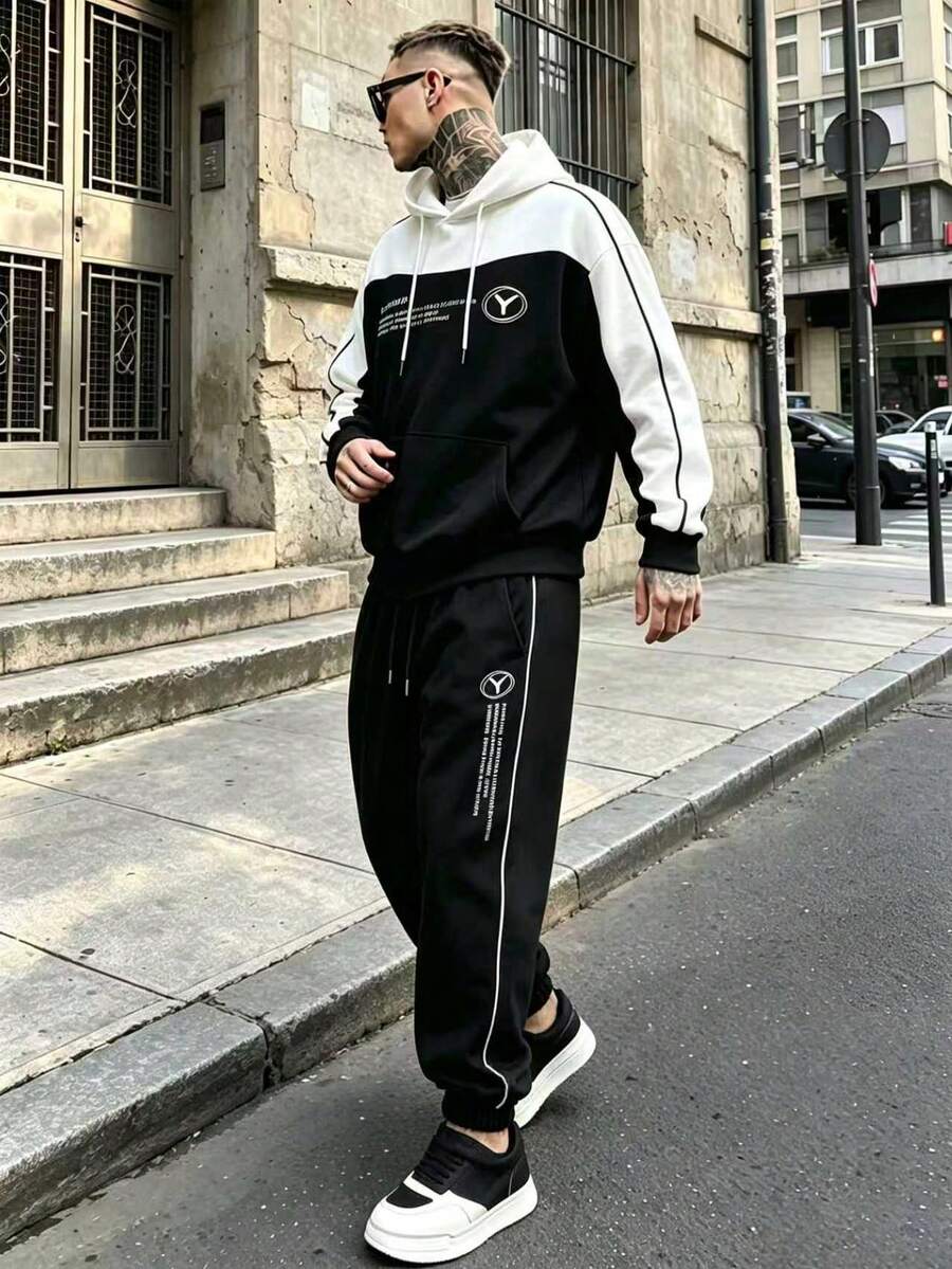 Men's Spring/Autumn Loose Minimalist Casual Fashion Outdoor Sports Hoodie & Sweatpants Set - Black - View 1