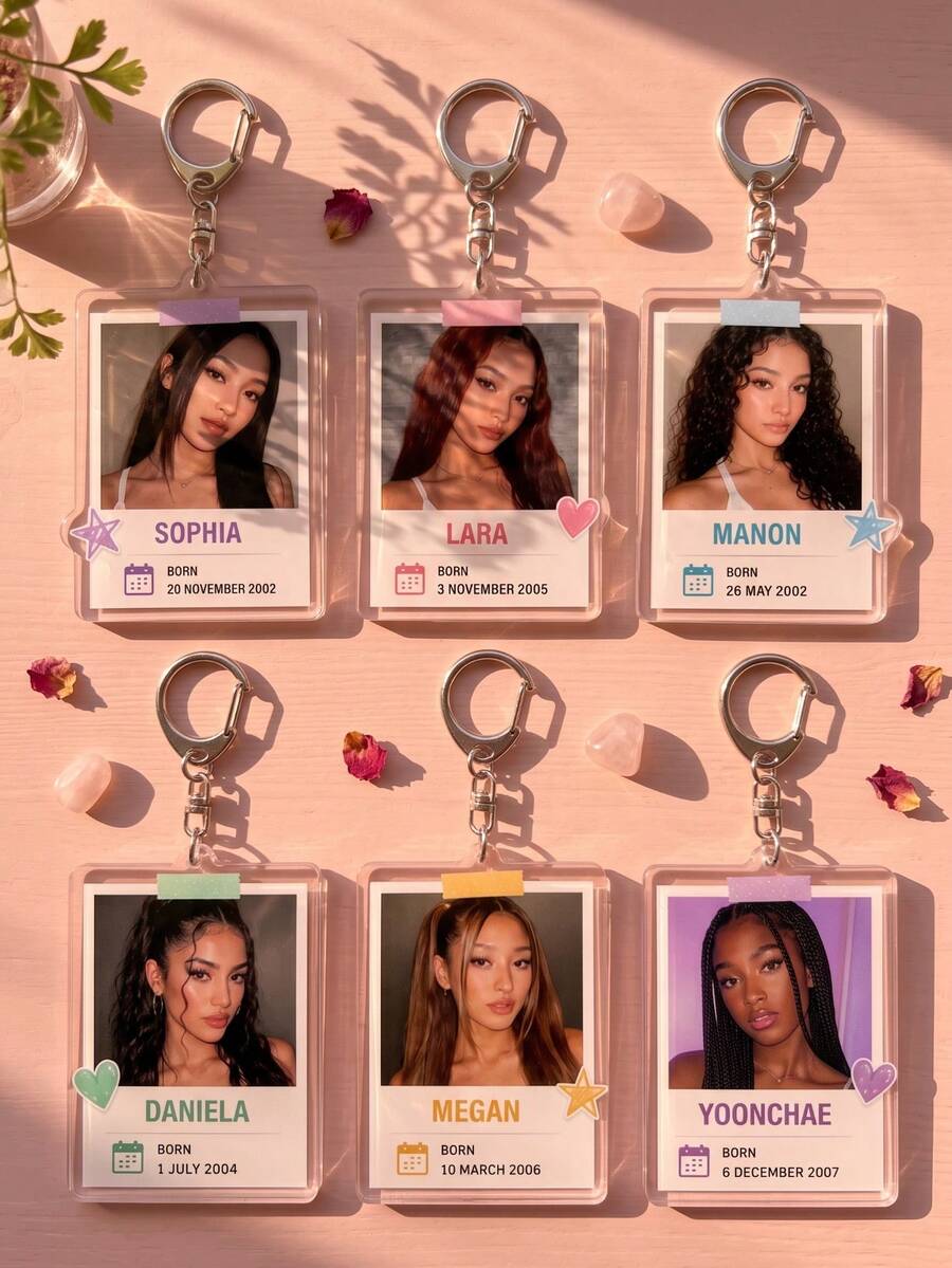 6Pcs KATSEYE Girl Group Member Themed Photo Paper And Birthday Date Acrylic Keychains, Including Sophia, Lara, Manon, Daniela, Megan And Yoonchae Member Exclusive Designs, Fashionable Bag Charms, Suitable For Fan Gifts, Support Collection, All Season Use. - Multicolor - View 1