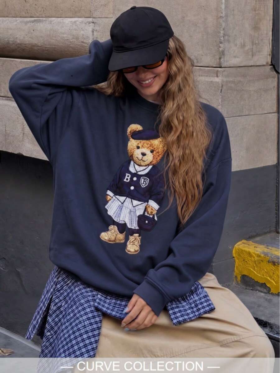 Plus Size Long Sleeve Teddy Bear Sweatshirt, College Style Design, Comfortable Crew Neck Pullover For Daily Wear - Navy Blue - View 1