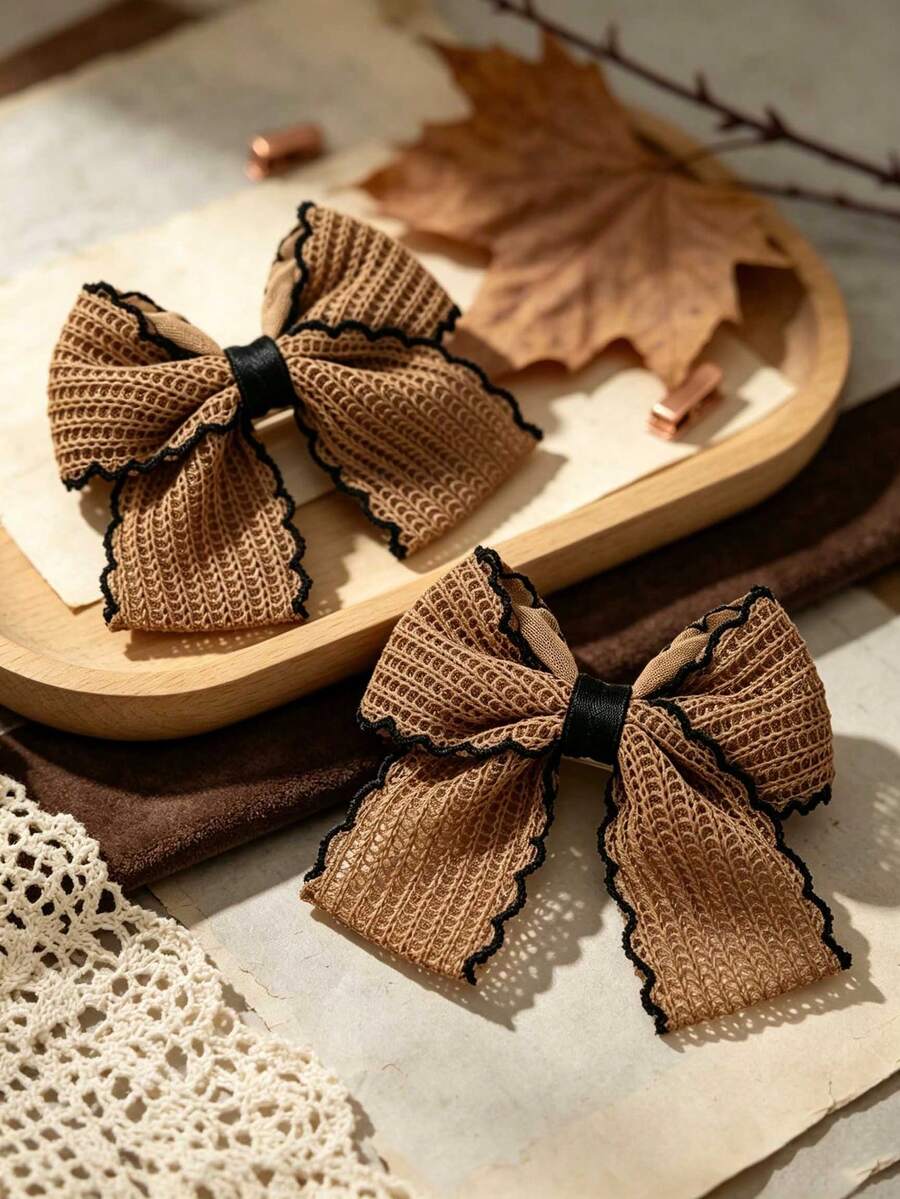 2PCS Fall Winter Brown Knit Bows For Girls Brown Wavy Lace Trim Decor Alligator Clips Party Wedding Daily Hair Clips Kids Hair Accessories - Multicolor - View 1