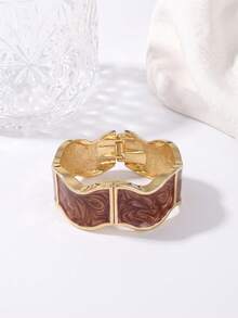 1pc Women's Vintage Spring Open Bangle, Burgundy Enamel Wavy Wide Open Design Bracelet, Suitable For Party And Daily Wear Accessory Gift - Wavy - View 9