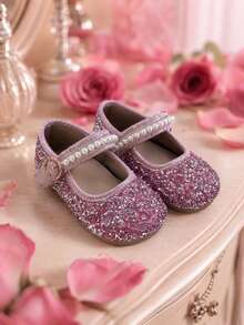 1 Pair 2026 Spring/Autumn Girls Pearl Rhinestone Glitter Round Toe Single Strap Flat Sweet Princess Shoes Suitable For Party Wedding Flower Girl - Pink - View 5