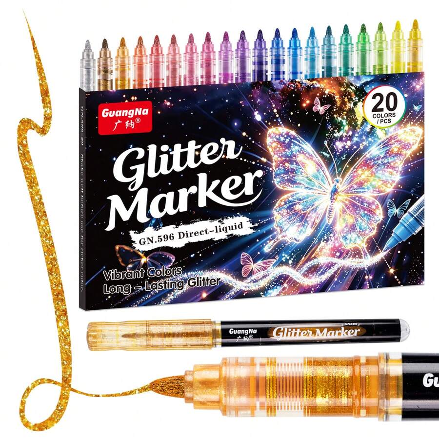 20pcs Glitter Metallic Markers, Direct Liquid Design, Smooth And Even Ink Flow, Anti-Clogging, Shiny Glitter Decorative Pens, High Aesthetic Value, Multi-Color Sparkling Hand-Drawn Pens, Suitable For Bullet Journal, Greeting Cards, Photo Albums, Posters, DIY Creative Decoration Tools - Flash Pen - View 1