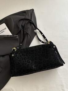 Women's Vintage Leopard Print Tote Bag, Adjustable Shoulder Strap Handbag, Zipper Closure Faux Suede Crossbody Bag, Suitable For Daily Street Wear - Black - View 4