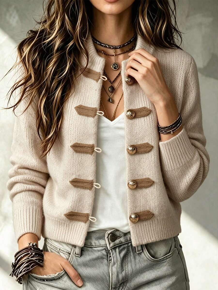 SEREN Women's New Chinese-Style Knit Cardigan, Napoleon Style, Autumn/Winter Sweater Jacket, Suitable For Daily Wear - Apricot - View 1