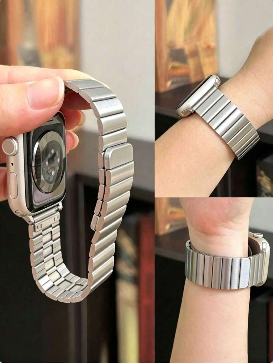 1pc Anti-Scratch Wear-Resistant Precise Fit Replacement Watch Band, Premium Original Color Stainless Steel Metal, Luxury Business Minimalist High-End Style, Solid Color Polished Surface, Wide Chain Link Segment Design, Precision Polished Edges, Magnetic Quick Release Multi-Slot Adjustable, Comfortable Wear Easy Assembly, Smart Watch Strap Compatible With All Series, Suitable For Men And Women Daily Commute Business Outfit Holiday Gift Accessory - Silver - View 1