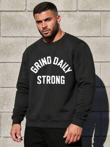 Men's Inspirational Letter Print Crew Neck Loose Fit Long Sleeve Pullover Sports Sweatshirt Black - Black - View 2