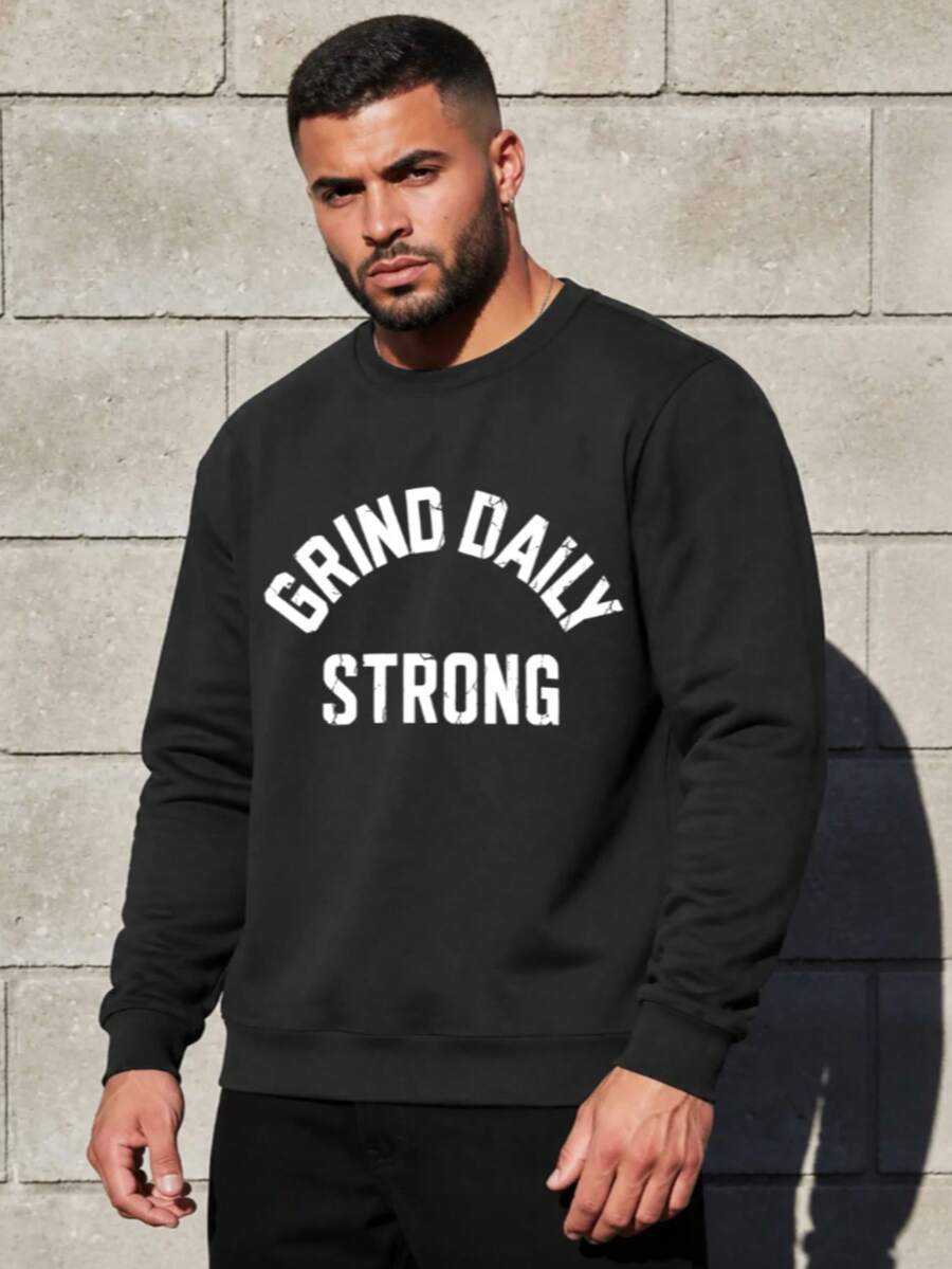 Men's Inspirational Letter Print Crew Neck Loose Fit Long Sleeve Pullover Sports Sweatshirt Black
