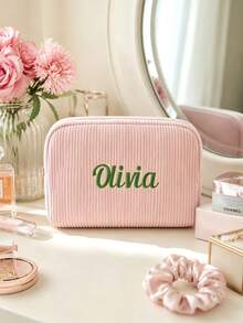 1pc Embroidered Corduroy Makeup Bag, Jewelry Storage Pouch, Customizable Letter Pattern, Personalized Bridesmaid Gift, Cute Travel Toiletry Bag, Unique Birthday Gift - Multicolor - View 2