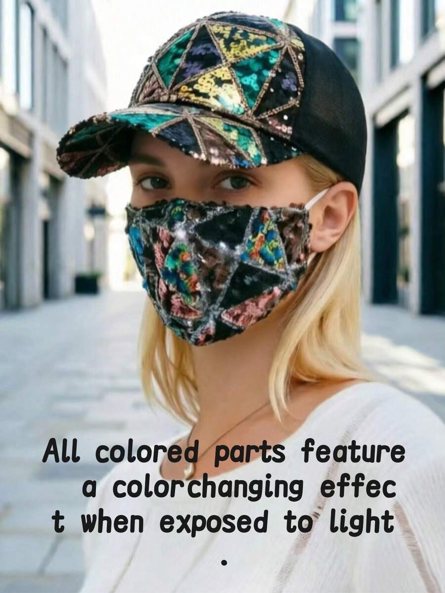 1pc/2pcs Summer Mesh Sequin Hat For Women, Breathable Sun Protection Cap, Fashion Versatile Korean Style Baseball Cap Baseball Cap + Sequin Geometric Pattern Mask, Shiny Party Decorative Mask - Multicolor - View 1