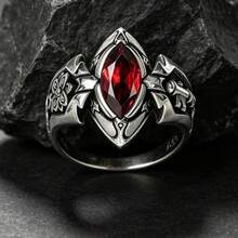 Punk Style Men's Ring With Red Zirconia Horse Eye, Gothic Carved Floral Pattern, Dark Personalized Accessory, Halloween Gift - Multicolor - View 3