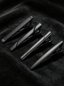 Matte Black Carved Line & Grid Texture Copper Tie Clips Set, All‑Season Luxury Formal Business Wedding Men Necktie Bar Accessories With Gift Box - Black - View 1