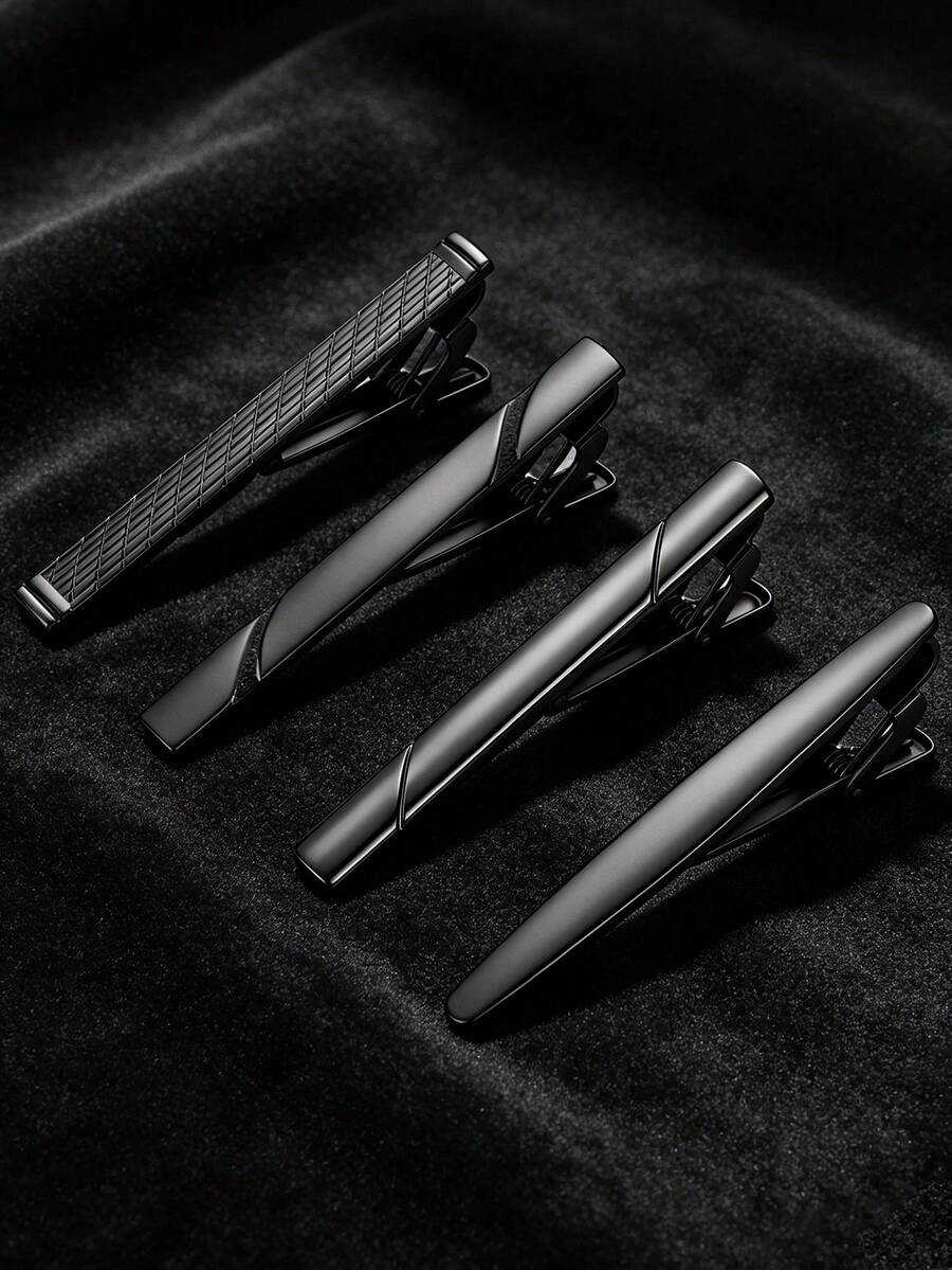Matte Black Carved Line & Grid Texture Copper Tie Clips Set, All‑Season Luxury Formal Business Wedding Men Necktie Bar Accessories With Gift Box - Black - View 1