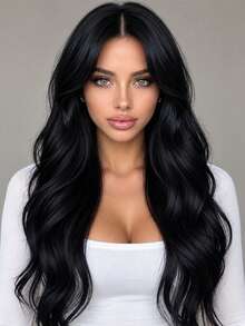 28 Inch Black Middle Part Wavy Curly Wig, Elegant Versatile Style Suitable For All Women's Daily Wear And Party Occasions. - Black - View 1