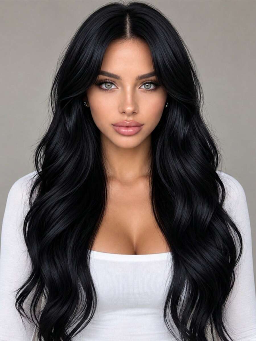 28 Inch Black Middle Part Wavy Curly Wig, Elegant Versatile Style Suitable For All Women's Daily Wear And Party Occasions. - Black - View 1