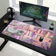Pink Lavender Floral & Book Pattern Extra Long Gaming Mouse Pad And Desk Mat Set, Non-Slip Durable Rubber Base, Smooth Surface, Suitable For Computer Laptop Office Home, Abstract Art Decor, Back To School Supplies - A - View 4