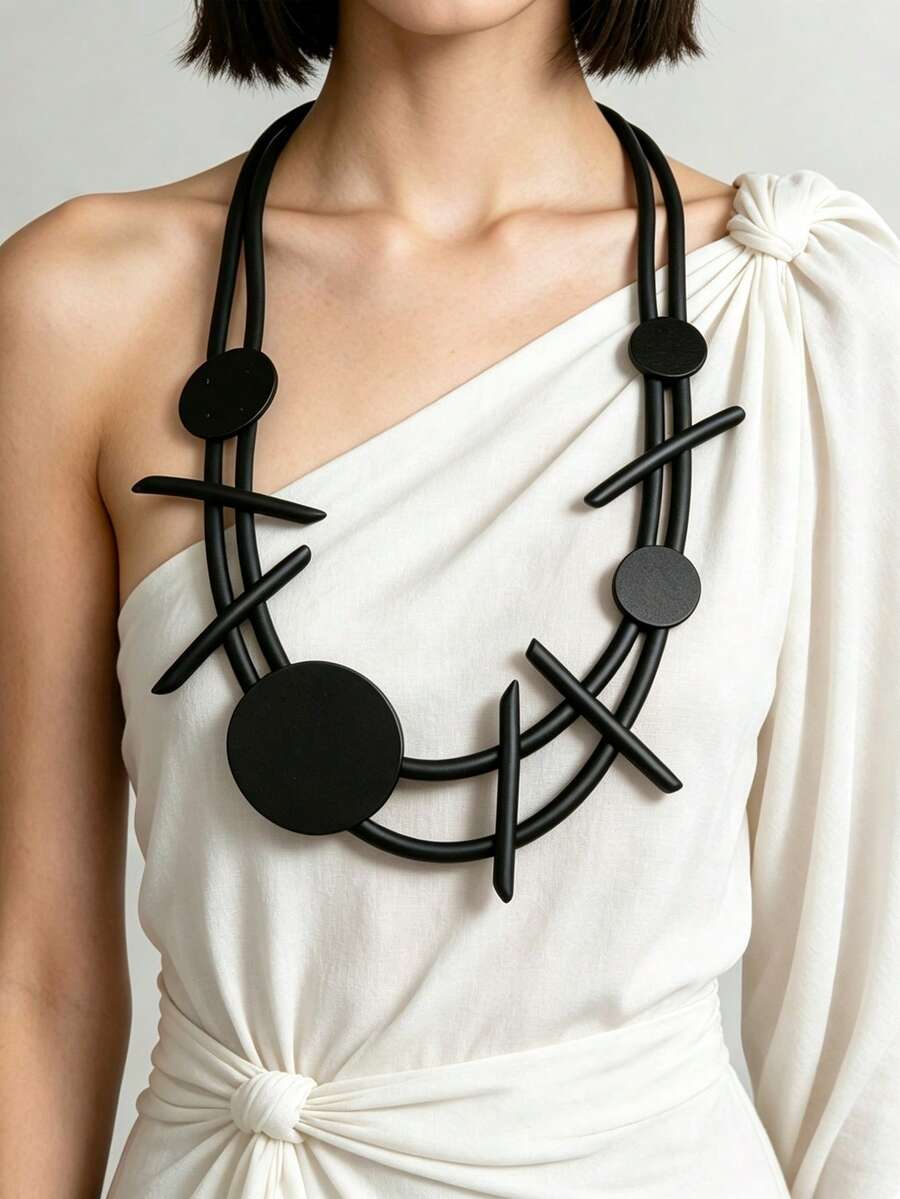 MARLIWOO 1pc Vintage Exaggerated Niche Double Layer Handmade Jewelry Fashion Gothic Style Asymmetric Design Versatile Necklace - Black - View 1