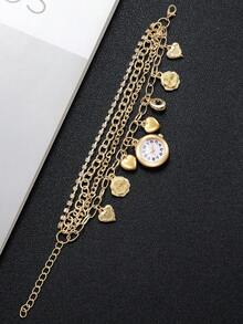 Women's Luxury Multi-Layer Chain Pendant Wristwatch, Heart & Flower Charm Rhinestone Bracelet Quartz Watch, Gift For Girlfriend (1pc/Set) Watch Box Not Included - Gold - View 6