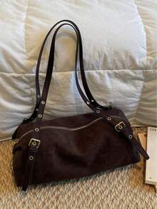 1pc Faux Suede Handbag With Gold-Tone Hardware, Convertible Tote And Shoulder Bag, Zipper Closure, Vintage Casual Style, Suitable For Autumn/Winter Commuting, Dating, Shopping - Coffee - View 10