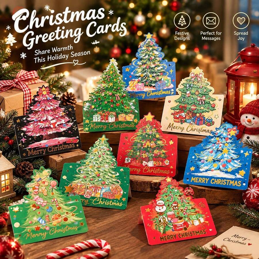 1/3/5set Christmas Greeting Cards Set, Cute Christmas Tree Designs, Colorful Holiday Greeting Cards For Friends Family, Merry Christmas Wishes, Festive Party Gifts & Holiday Decorations - Multiple Styles - View 1