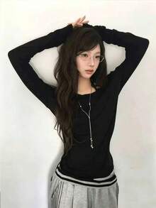 Korean Style Striped Spaghetti Strap 2 Pieces Set, Casual Sheer T-Shirt Cover-Up Long Sleeve Top, Autumn Outfit - Black - View 4