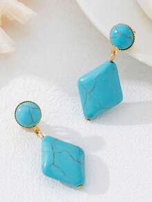 1Pair Fashionable Oval Turquoise Ear Clips, Geometric Personalized Clip On Earrings For Women No Pierced Ears - Turquoise - View 7