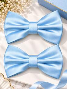 2pcs Solid Color Adjustable Bowknot Minimalist Versatile Bowtie Suitable For Wedding Party Cocktail Banquet Event - Baby Blue - View 1