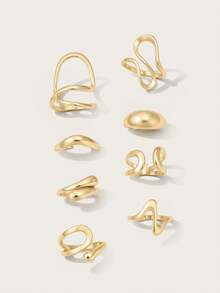 Altistry 8Pcs/Set Fashion Bohemian Geometric Hollow Asymmetrical Abstract Design Adjustable Gold Rings Set For Women Jewelry Accessories - Yellow Gold - View 3
