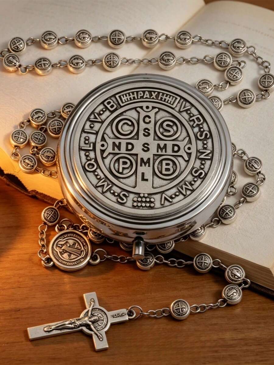 2pcs/Set Vintage Silver St. Benedict Metal Rosary Set With St. Benedict Medal Stainless Steel Storage Box, Crucifix, Catholic Cross Rosary, Religious Gift Set For Baptism, First Communion, Daily Prayer, Worship, Faith Accessory, Ideal Gift For Baptism, First Communion, Holidays - Antique Silver - View 1