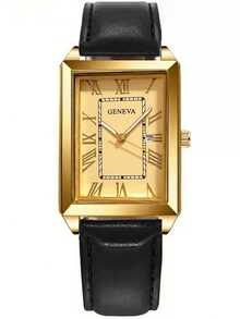 4-Piece Fashion Business Casual Men's Watch Set, Square Dial Leather Strap Quartz Watch, Paired With Personalized Chain Bracelet, Cross Pendant Necklace, Ring Jewelry Set, Suitable For Men's Gift, Applicable For Holiday, Business, Party And Daily Wear - Black - View 6