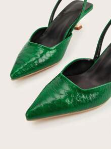 Women's Solid Color Snake Print Kitten Heel Shoes, Elegant Pointed Toe High Heels, Fashion Ankle Strap Open Back High Heels (Random Cut) - Green - View 5