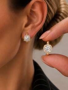 ConiiW A Pair Of Classic And Elegant Small Sugar Cube Moissanite Hoop Earrings In 925 Sterling Silver, 0.5/1 Carat Each, Perfect For Everyday Wear Or Parties - Gold - View 4