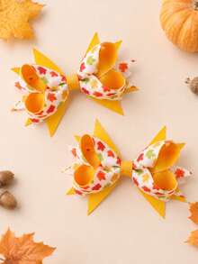 2pcs Thanksgiving Maple Leaf Bow Hair Clip For Kid Girls,Cute Yellow Hairpin For Autumn Winter Daily Family Gatherings,Children Hair Accessory - Multicolor - View 1