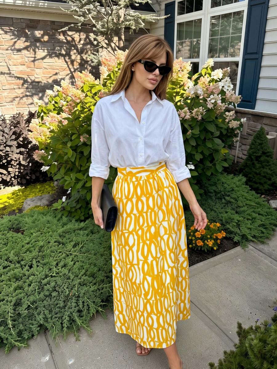 Lapel Long Sleeve Shirt & Geometric Print Midi Skirt 2 Pieces Set, Loose Casual Women's Outfit