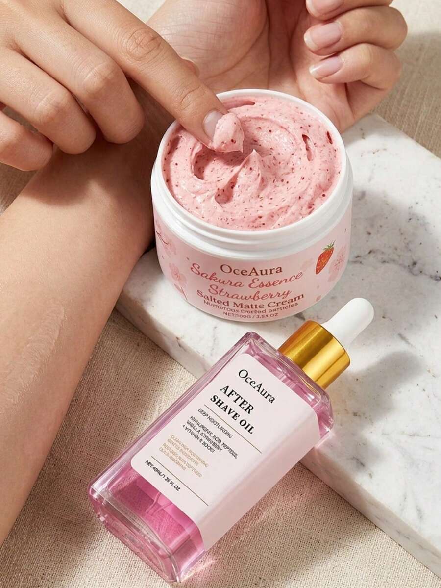 Strawberry Cherry Blossom Scrub + Strawberry After Shave Moisturizing Oil Set, Cleanses & Moisturizes Skin, Subtle Fruity Floral Scent, Gentle & Non-Irritating - Serum - View 1