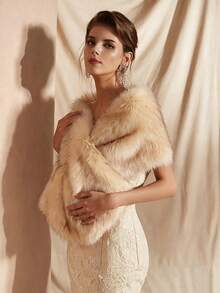 1pc Women's Winter Champagne Color Long Faux Fur Bridal Shawl Cape Coat - Champagne - View 5
