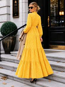 Women's A-Line Floral Maxi Dress With Long Sleeves - Yellow - View 4