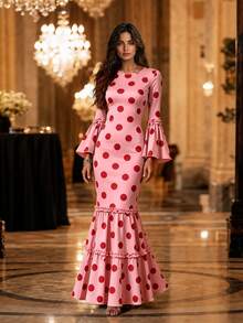 2026 Neues Polka Dot Meerjungfrau Kleid/Vintage elegantes Kleid/Formelles Anlasskleid langes Kleid mit langen Ärmeln/Trompetenärmeln, rundem Ausschnitt, mehrlagigem Rüschensaum, schmaler Passform, Hochzeitsgastkleid, Date-Abendkleid - Pink - Übersicht 5