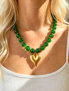 Bohemian 1pc Vintage French Elegant Fashion Bohemian Vacation Style Green Glass Beaded Irregular Heart Pendant Necklace Set, Personalized Exaggerated Unique Y2K Layered Y-Chain Collarbone Chain Sweater Chain, Suitable For Women Summer Beach Vacation Party Music Festival Date Gift Daily Wear All Season Versatile Jewelry - Green - View 3