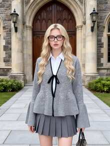 Women's Casual Loose V-Neck Bowknot Knit Cardigan, Contrast Trim Bell Long Sleeve Hem Ruffle Warm Sweater Jacket, Colorblock Patchwork Home Daily Wear - Grey - View 3