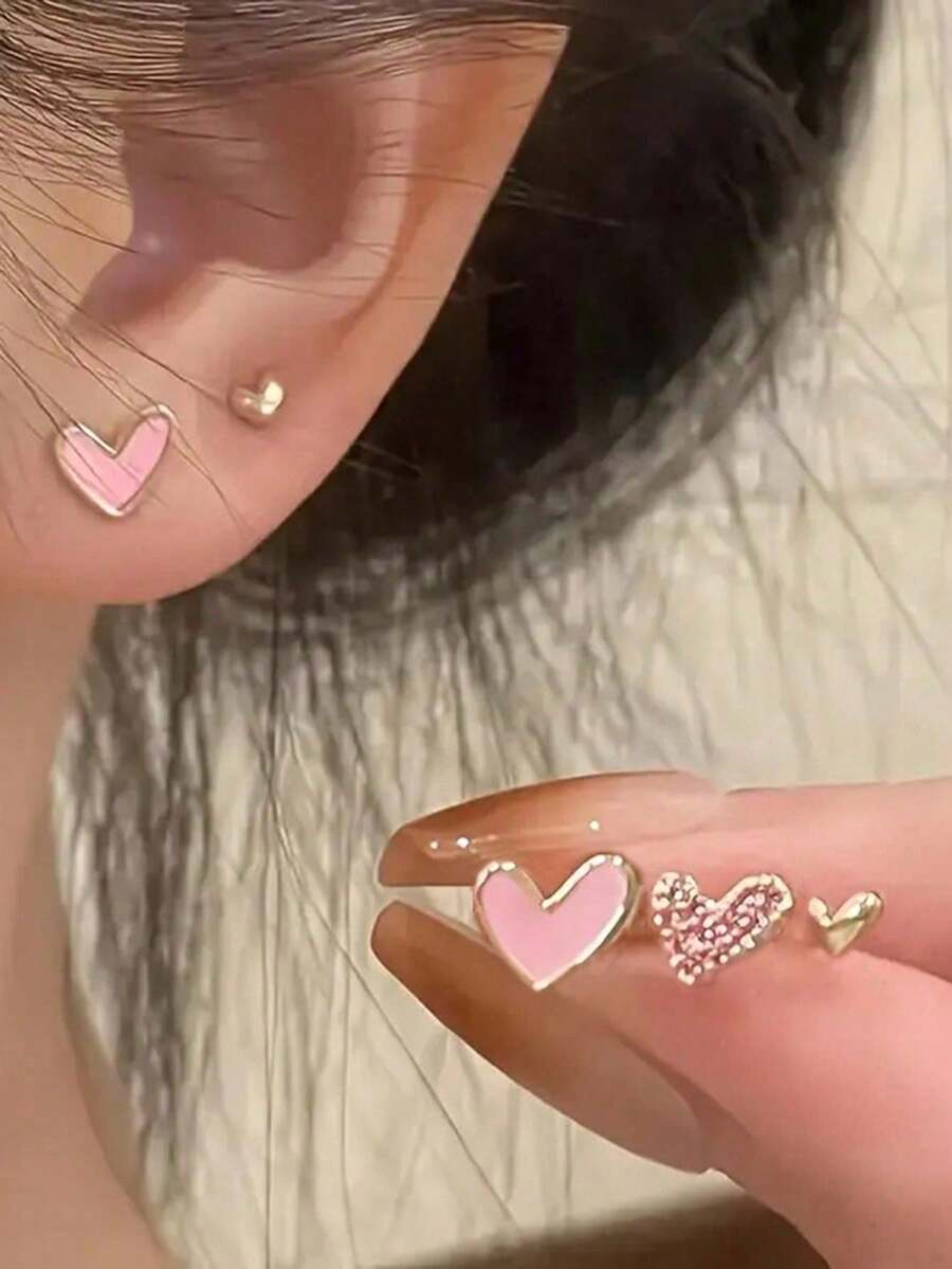 3件組時尚百搭粉色琺瑯愛心耳釘甜美女孩套裝可愛極簡小耳環女性珠寶 - 粉色 - 查看 1
