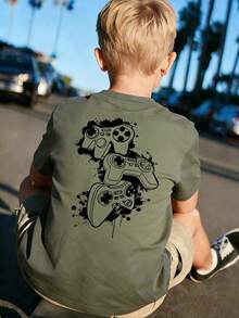 1pc Tween Boy Video Game Graphic Print Short Sleeve T-Shirt, Summer Top For Young Students - Olive Green - View 2
