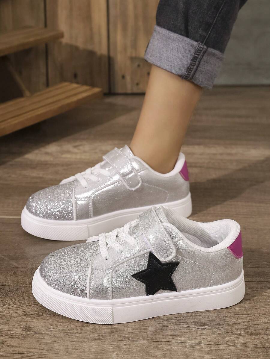 Children's Casual Colorblock Star Glitter Campus Versatile Fashion Hook-And-Loop Sneakers - Silver - View 1