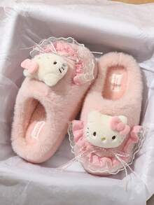 Hello Kitty Cartoon Cute Thick Sole Slippers Fluffy Bowknot Thermal Lined Comfortable Winter Slippers - Pink - View 5