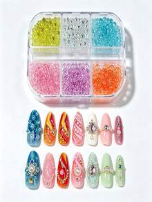 6 Grids Mixed Colorful Aurora Mermaid Beads Nail Charms Pink Blue Mini Round Pearl Bubble Beads Rhinestones DIY Winter Christmas Nails Decoration - Multicolor - View 11