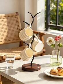 Tree-Shaped Black Metal Mug Holder With Solid Wood Base, Decorative Countertop Coffee Cup Display Rack, Suitable For Kitchen Counter, Dining Table, Home Decor - Black - View 5