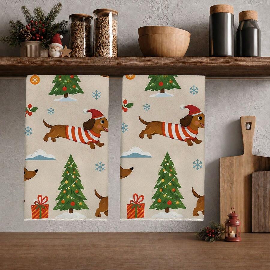 Bộ 2 khăn lau bếp hình chữ nhật 40*60cm sợi microfiber phong cách màu nước, họa tiết liền mạch chó Dachshund Giáng Sinh, khăn lau bát đĩa đa năng dùng cho nhà bếp, phòng ăn và phòng tắm, trang trí bếp Noel, decor nhà cửa, quà tân gia tặng hàng xóm, miếng cọ rửa bát đĩa - Nhiều màu - Xem 1