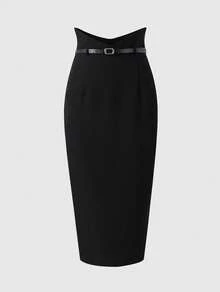 Elegant Minimalist High-End Mature Style V-Shaped High Waist Belt Bodycon Skirt Commuter Style - Black - View 6